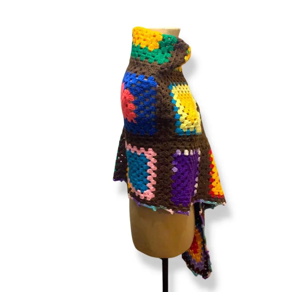 Handcrafted Colorful Crochet Granny Square Wrap Shawl Brown Base Boho Cottagecor